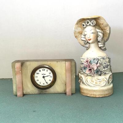 AA VINTAGE MARBLE TABLE CLOCK & LADY FIGURINE BY CORDEY