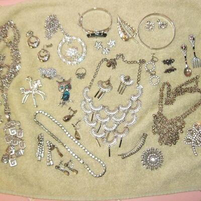 MS Silver Chrome & Stainless Costume Jewelry Necklaces Pendants Pins Bangles Earrings Rhinestones