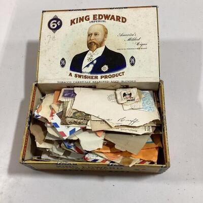 King Edward cigar box with stamp collection