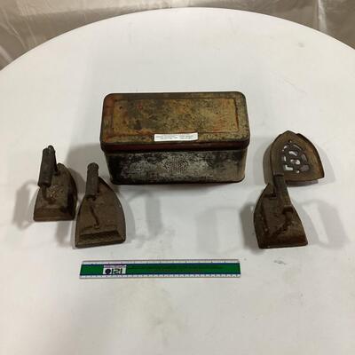 antique irons and bread box