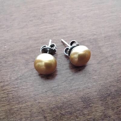 Large 9.5mm gold pearl earrings with sterling silver backs