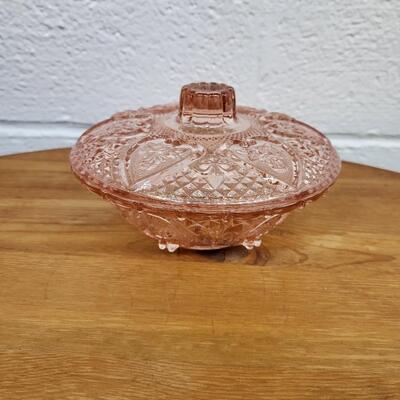 BEAUTIFUL PINK LIDDED CUT GLASS CANDY BOWL