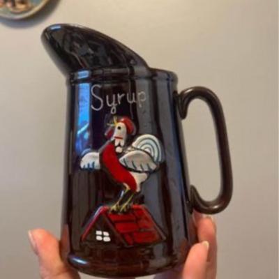 Vintage redware syrup jar with rooster