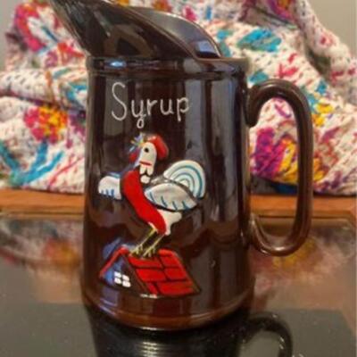 Vintage redware syrup jar with rooster