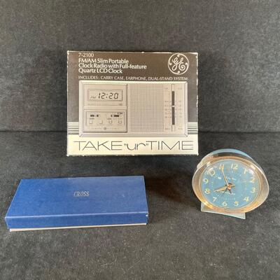 Lot 42. Clock Radio, Travel Alarm Clock & Cross Pen Set