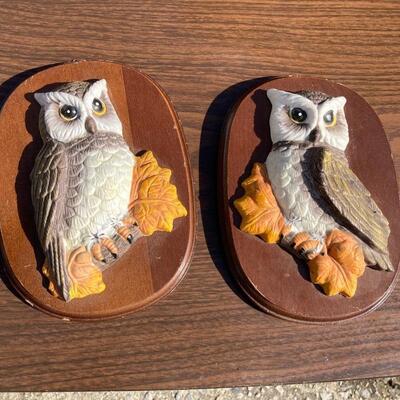 Pair of porcelain owls mounted on plaques 6â€ x 8â€