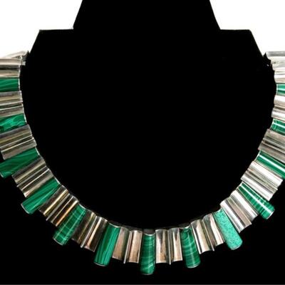 Modernist Taxco 970 Silver Malachite Necklace & Bracelet