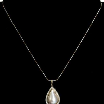 14k YG Pearl & Diamond Pendant Necklace