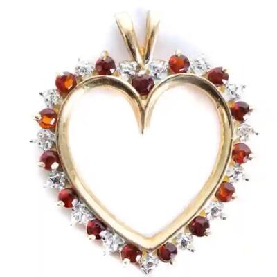 14k/10k YG Diamond & Garnet Heart Pendant Necklace
