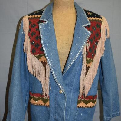 Denim Ladies Jacket with Tan fringe and Aztec detailing w/ glam studs