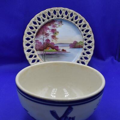 blue and white bowl, purple tree plate