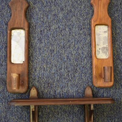 2 wood candle holders & small wood shelf