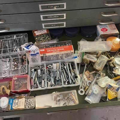 Lot 169. Vintage Metal Drawer Cabinet and Assorted Hardware