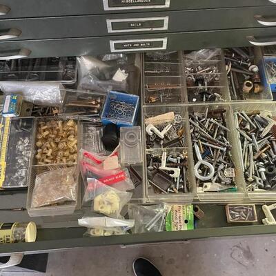 Lot 169. Vintage Metal Drawer Cabinet and Assorted Hardware