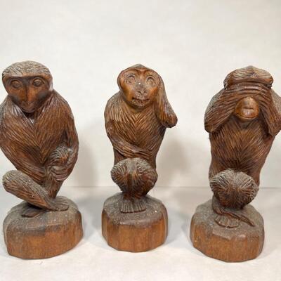 Hand Carved Wooden Trio of Monkeys