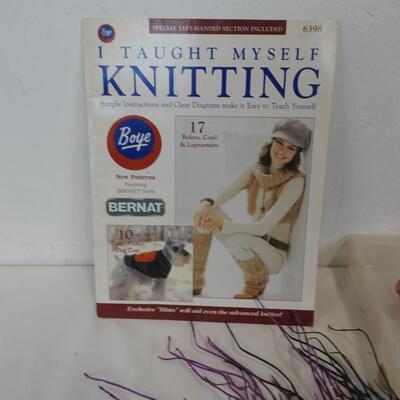 Crafting Lot: Knitting Book, Ribbon, Knitting Needles, Pastels, String, Etc