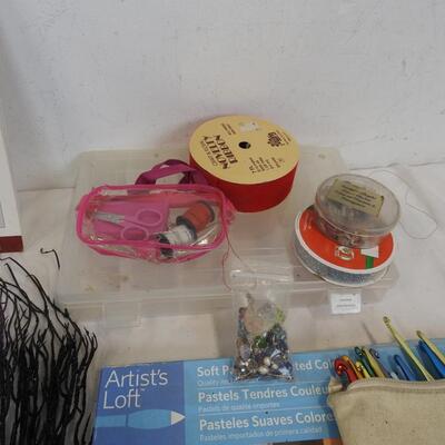 Crafting Lot: Knitting Book, Ribbon, Knitting Needles, Pastels, String, Etc