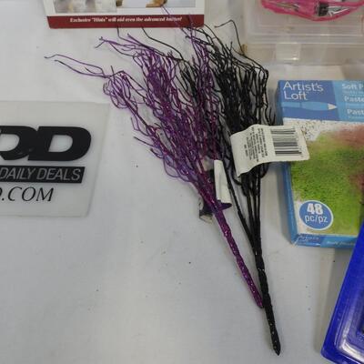 Crafting Lot: Knitting Book, Ribbon, Knitting Needles, Pastels, String, Etc