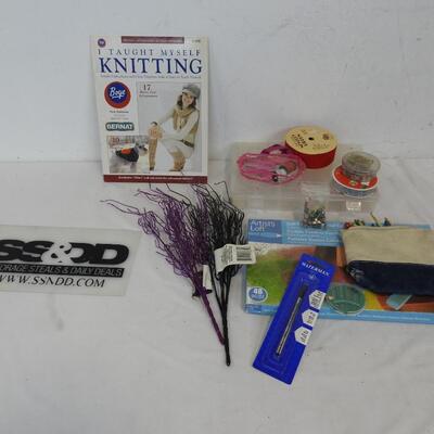 Crafting Lot: Knitting Book, Ribbon, Knitting Needles, Pastels, String, Etc