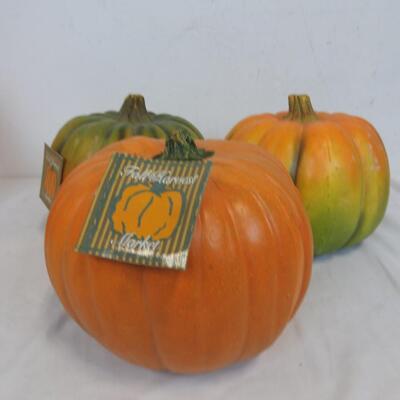 4 Faux Pumpkins, 1 Tall, 3 Medium Size, 2 w/Tags, Good Condition