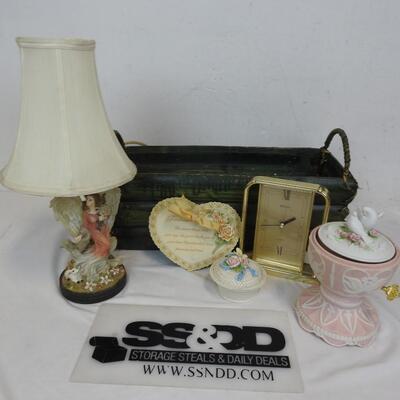 Home Decor: Wood Basket, Angel Lamp, Seiko Clock, Music Box, Lamp & Clock WORK