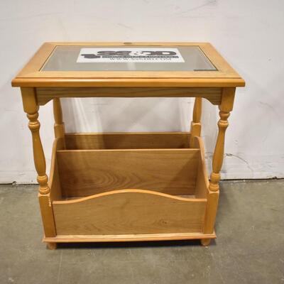 Table w/Glass Top,Magazine Rack On Bottom,Light Wood Oak?, Hole In Top For Cords