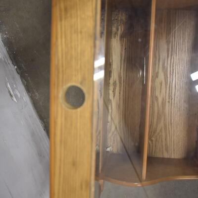Table w/Glass Top,Magazine Rack On Bottom,Light Wood Oak?, Hole In Top For Cords