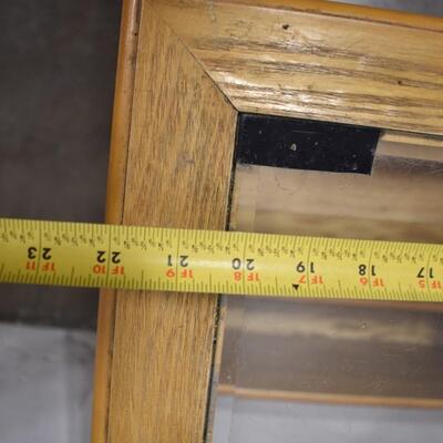 Table w/Glass Top,Magazine Rack On Bottom,Light Wood Oak?, Hole In Top For Cords