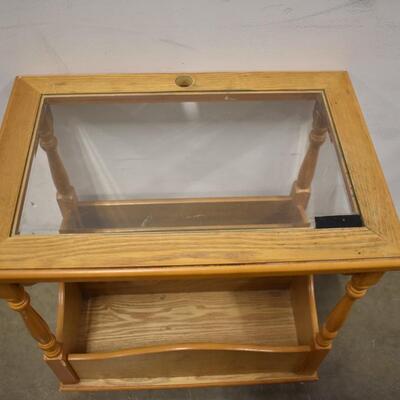 Table w/Glass Top,Magazine Rack On Bottom,Light Wood Oak?, Hole In Top For Cords