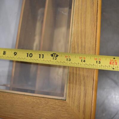 Table w/Glass Top,Magazine Rack On Bottom,Light Wood Oak?, Hole In Top For Cords
