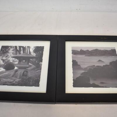 4 Black & White Prints w/Black Frames, Mountains, Flower, Bridge & Sculpture