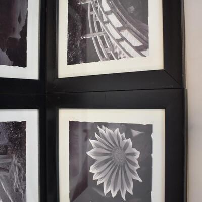 4 Black & White Prints w/Black Frames, Mountains, Flower, Bridge & Sculpture