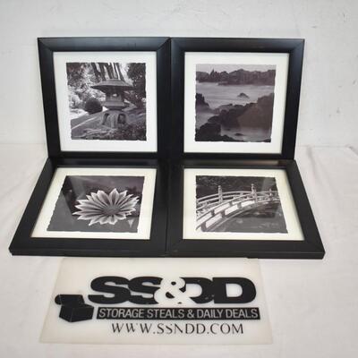 4 Black & White Prints w/Black Frames, Mountains, Flower, Bridge & Sculpture