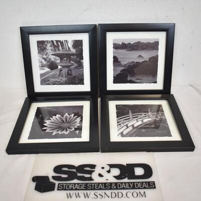 4 Black & White Prints w/Black Frames, Mountains, Flower, Bridge & Sculpture