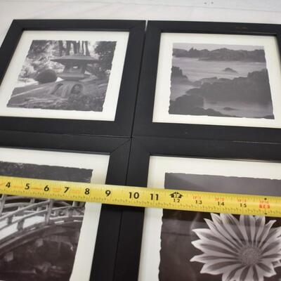 4 Black & White Prints w/Black Frames, Mountains, Flower, Bridge & Sculpture
