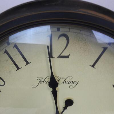 24" John Chaney Clock, Plastic Frame Made To Look Vintage, Good Condition, Works