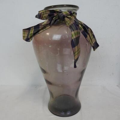 Very Tall Glass Vases: Clear: 24in, Purple: 21 3/4in, Clear w/Bow: 17 3/4in