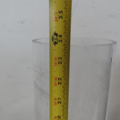Very Tall Glass Vases: Clear: 24in, Purple: 21 3/4in, Clear w/Bow: 17 3/4in
