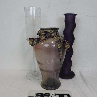 Very Tall Glass Vases: Clear: 24in, Purple: 21 3/4in, Clear w/Bow: 17 3/4in