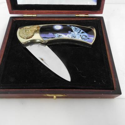 Stainless Steel Gold-Toned Pocketknife w/ Native American & Wolves On Handle
