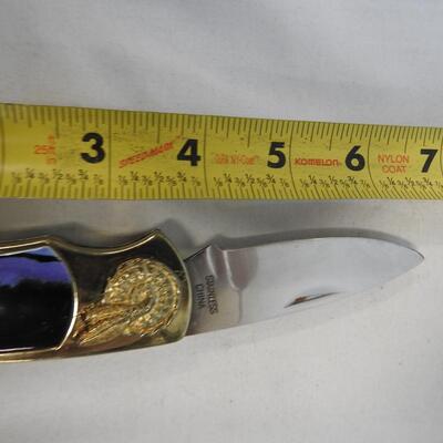 Stainless Steel Gold-Toned Pocketknife w/ Native American & Wolves On Handle