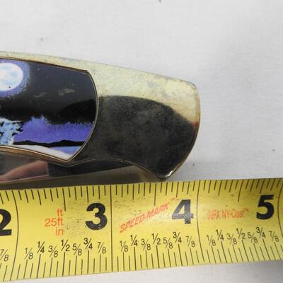 Stainless Steel Gold-Toned Pocketknife w/ Native American & Wolves On Handle