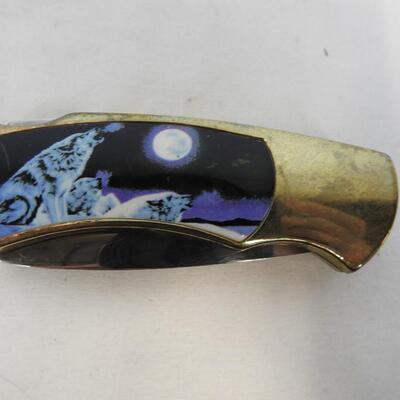 Stainless Steel Gold-Toned Pocketknife w/ Native American & Wolves On Handle
