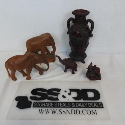 Elephant Decor: 2 Wood, 2 Resin, 1 Lightweight Vase w/ Elephants & Palm Trees