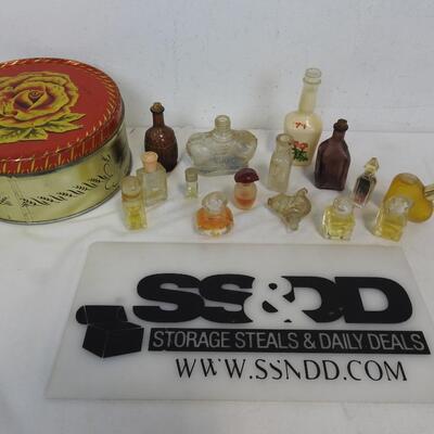 14 Vintage Bottles/Perfume & 1 Stopper: Various Sizes, Styles & Fragrances, Tin