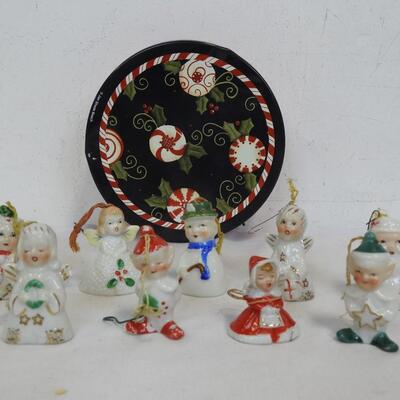 9 Vintage Miniature Christmas Figurines/Bells w/ Tin, Snowman, Elf, Angels, etc
