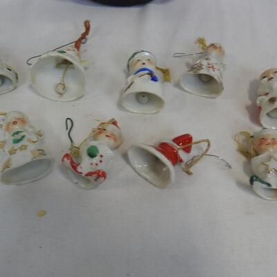 9 Vintage Miniature Christmas Figurines/Bells w/ Tin, Snowman, Elf, Angels, etc