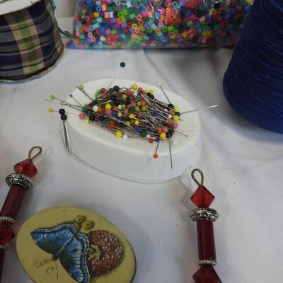 Crafting Lot: String, Ribbon, Pins, Needles, Perler Beads, Scissors, etc