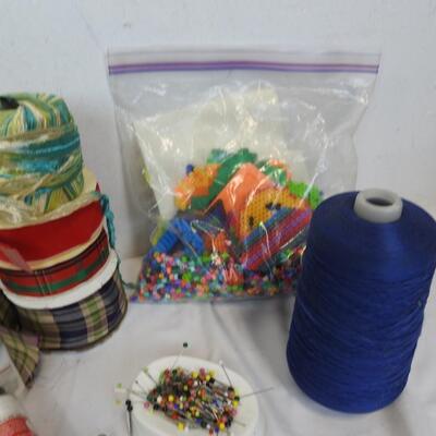 Crafting Lot: String, Ribbon, Pins, Needles, Perler Beads, Scissors, etc