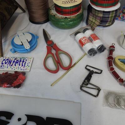 Crafting Lot: String, Ribbon, Pins, Needles, Perler Beads, Scissors, etc